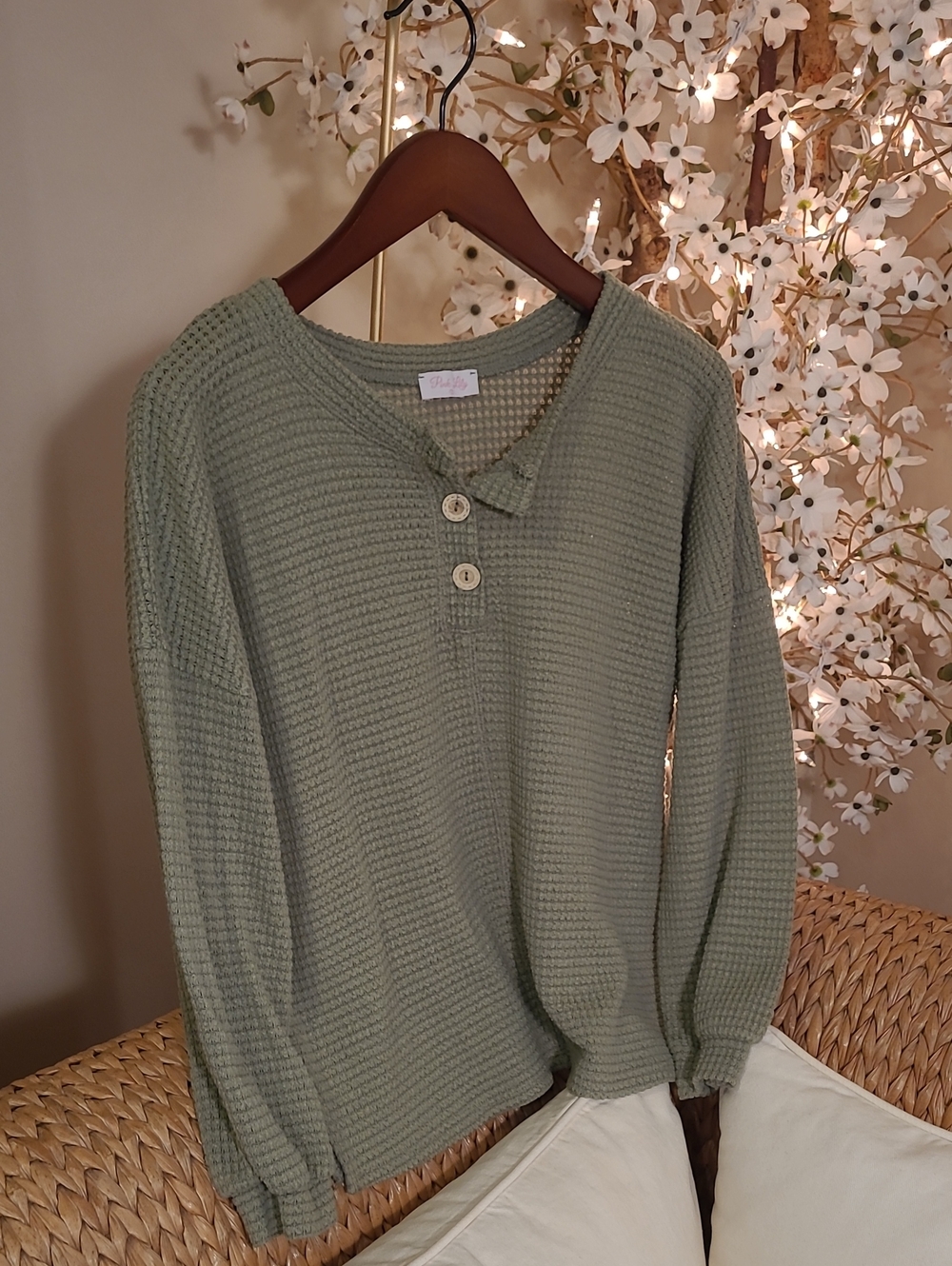 Waffle-Knit Button Henley Top - Sage Green